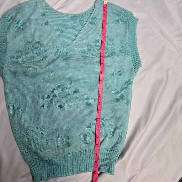 VINTAGE 70s sleeveless intarsia floral teal light academia sweater vest S‎ - Picture 8 of 9